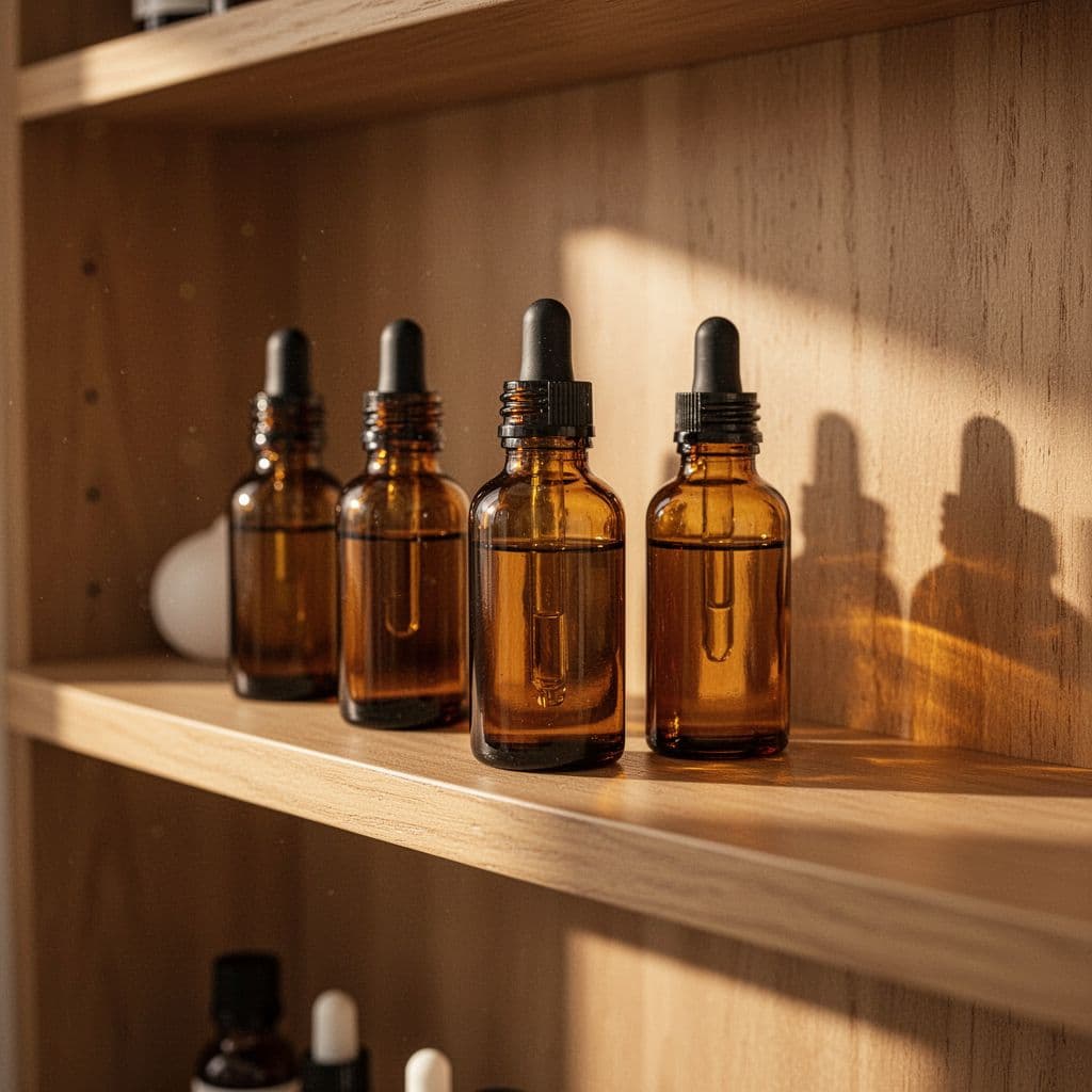 Several dark amber glass bottles containing essential oils stand in a neat row on a smooth wooden shelf. The soft, warm glow creates dramatic highlights against the quiet spa room background.