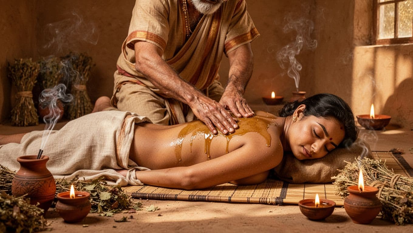An ancient Indian healer applies warm herbal oil to a patient's back in a traditional Ayurvedic setting with clay lamps, herbs, incense smoke, and warm golden lighting in a serene earth-toned room.