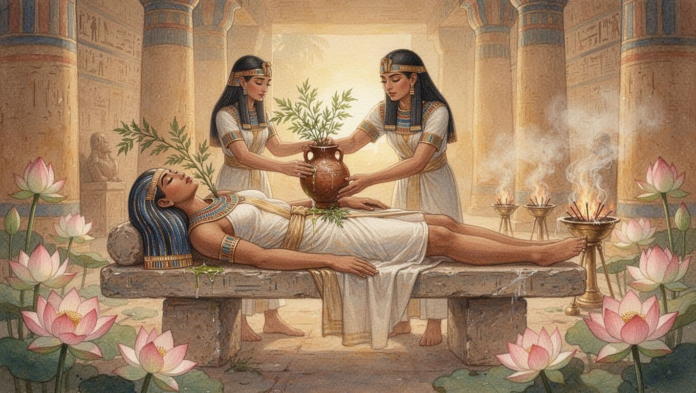 An ancient Egyptian noble reclines on a stone bench in a temple chamber as a single attendant applies fragrant plant oil from a clay vessel to their shoulders, surrounded by blooming lotuses and smoldering incense under golden hour light filtering through columns, rendered in watercolor style with soft earthy palette and visible brush texture.