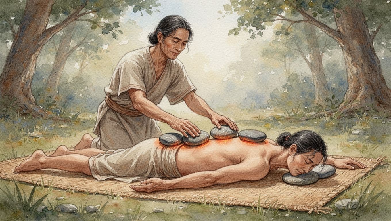 An ancient healer in simple traditional attire gently places smooth heated stones along the back and shoulders of a prone patient on a woven mat in a serene outdoor setting with soft natural light. Watercolor style illustration featuring warm earthy tones, soft blending, and visible brush texture, centered on the healing interaction.