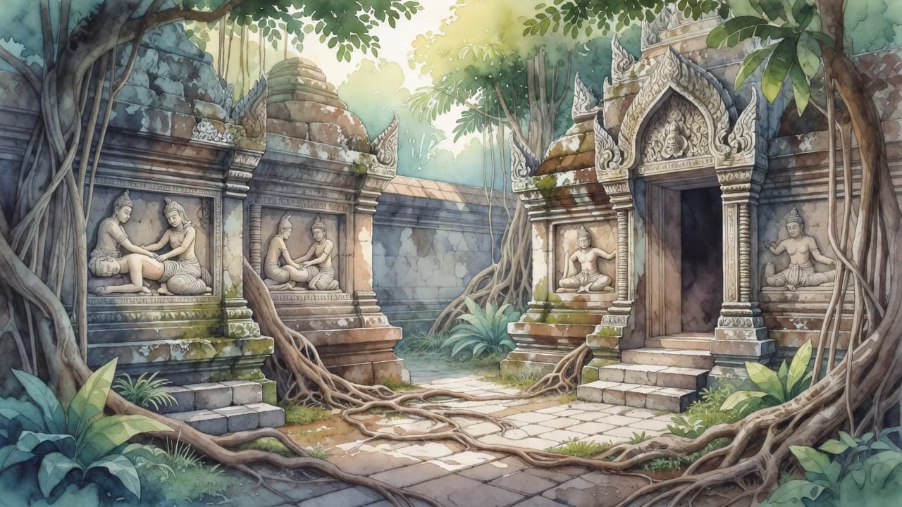 Weathered stone carvings depicting traditional motifs line the weathered temple walls under gentle morning light. A soft watercolor aesthetic blends warm textures with quiet greenery in this historical healing sanctuary.