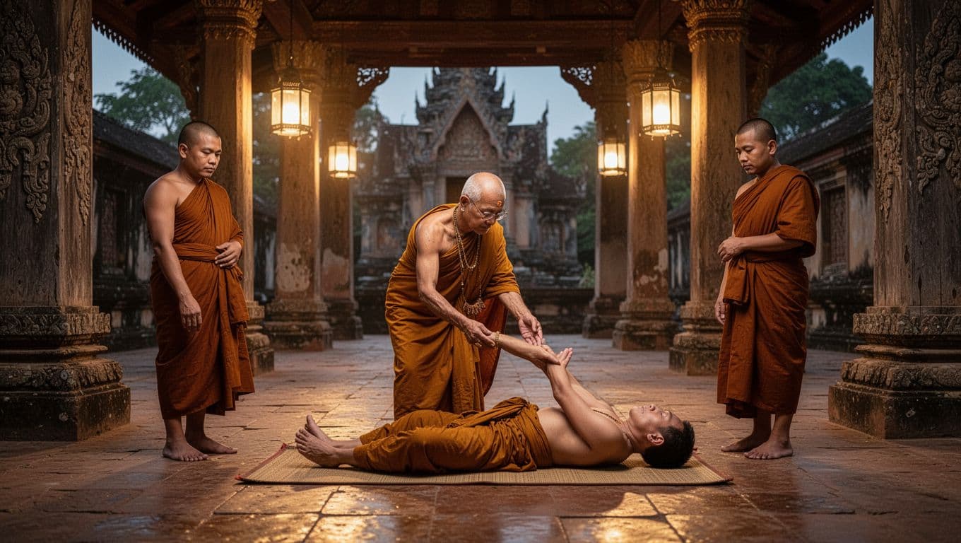 Ancient Thai temple interior at dusk with warm lantern light on stone floors and carved pillars, showing one robed Indian healer resembling Shivago gently stretching a seated patient's arm on a mat, observed by two attentive monks. Detailed realistic illustration in earthy tones with soft lighting, subtle shadows, and a muted dark-green top band bearing 'Ancient Healers' in bold sans-serif.
