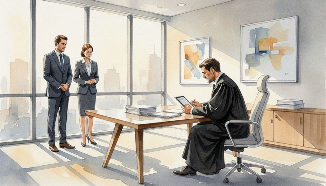 An arbitrator in robes reviews documents at a desk in a modern office, with two business people waiting nearby in a focused atmosphere. Watercolor style featuring soft blending, visible brush texture, and warm lighting.
