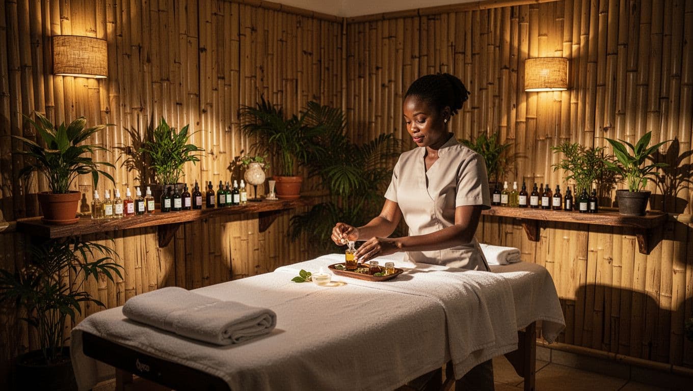 Serene interior of a treatment room at Aroma Spa & Massage in Kilimani, Nairobi, with a massage table, aromatic oils, bamboo walls, plants, warm lighting, and one female therapist preparing oils.