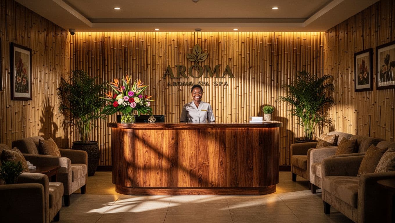 The inviting lobby of Aroma Spa in Kilimani, Nairobi, Kenya, showcasing a polished wooden reception desk with fresh tropical flowers and one friendly smiling receptionist, bathed in soft warm golden lighting against bamboo walls and plush seating.