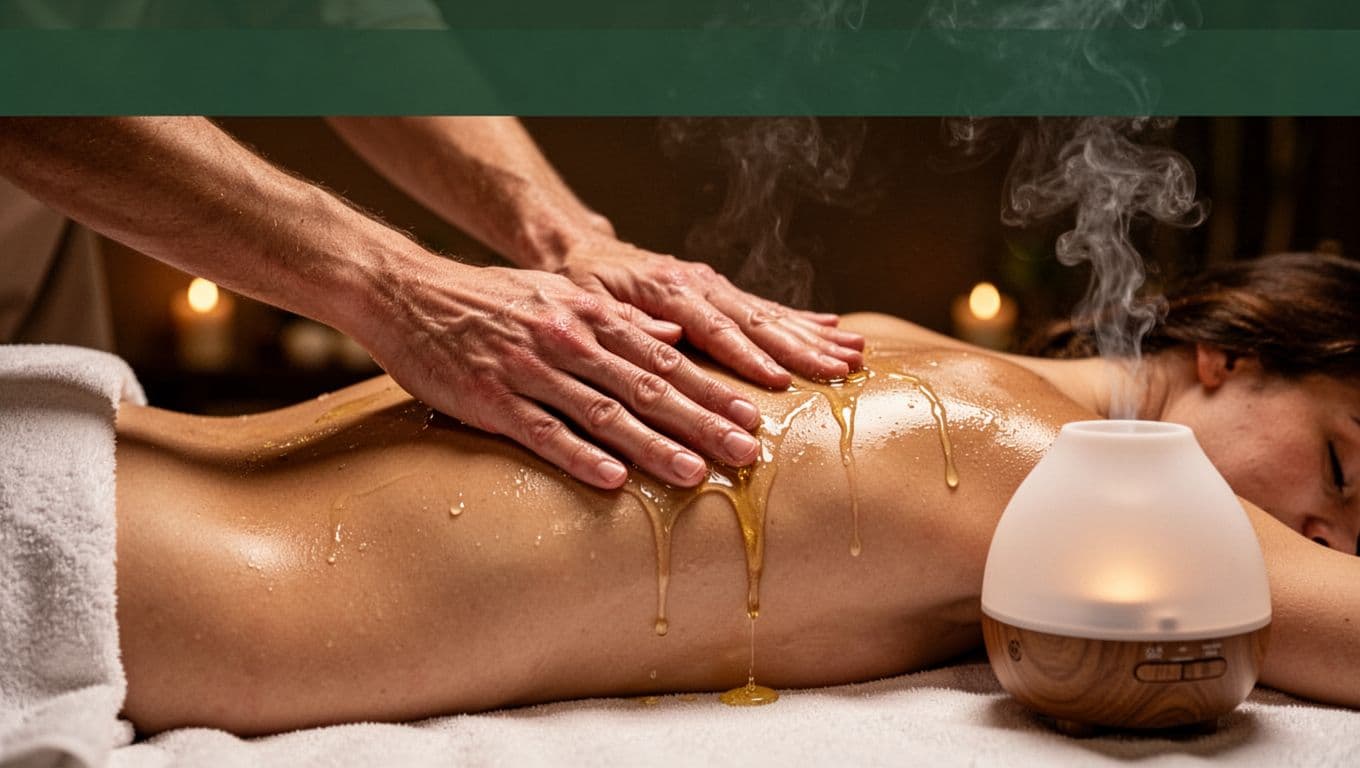 Expert hands applying warm essential oil during aromatherapy back massage on a table, showing sequence of gliding strokes and kneading, with oil dripping and subtle scent mist from diffuser in dim spa lighting.