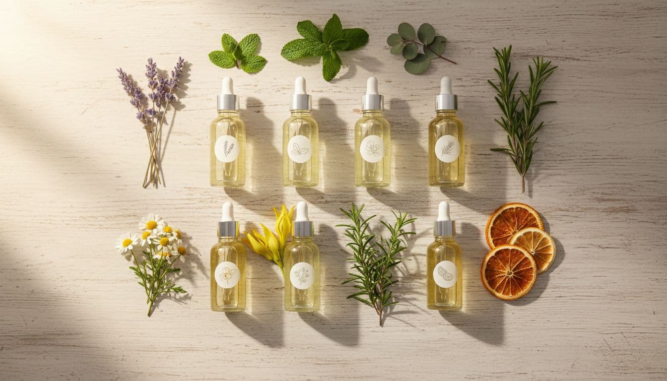 Aromatherapy Massage 7 Top-down view of eight small glass essential oil bottles labeled with subtle icons for lavender, peppermint, eucalyptus, rosemary, chamomile, ylang ylang, tea tree, and citrus, neatly arranged on a wooden spa table surrounded by matching fresh herbs in photorealistic style with warm natural light and soft shadows.