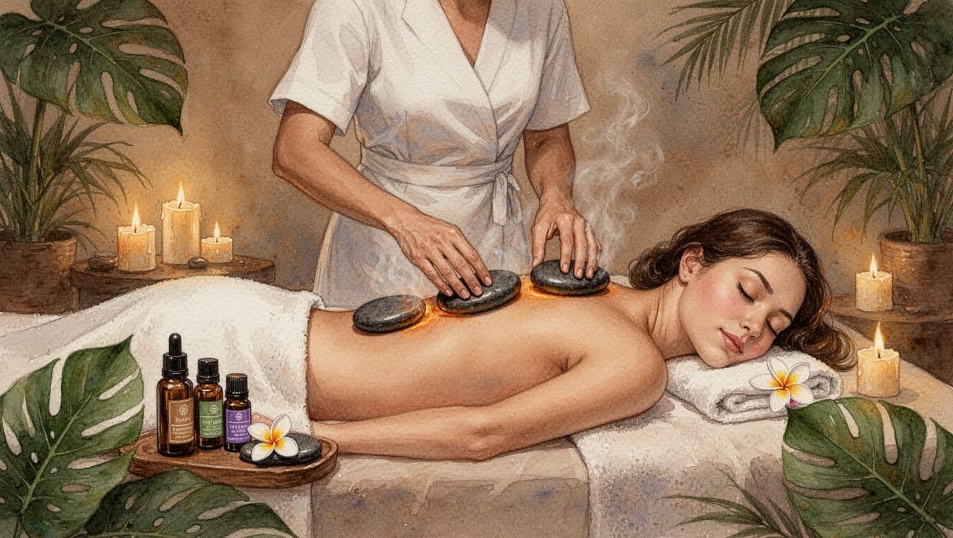 Therapist placing smooth heated stones along a relaxed client's spine in a serene Nairobi spa, surrounded by essential oil bottles, dim candlelight, and tropical leaves in watercolor style with soft blending and warm earthy tones.