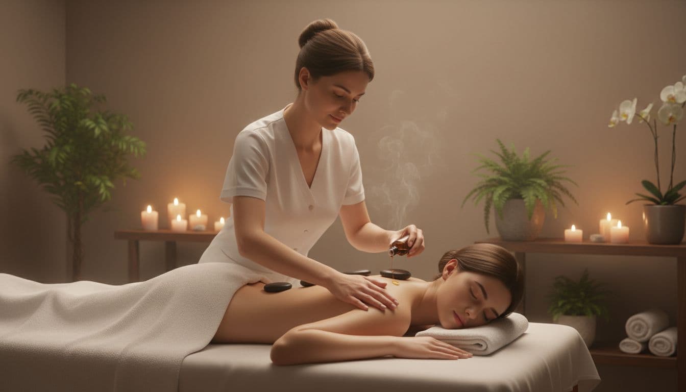 Therapist pouring essential oils while massaging shoulders, with hot basalt stones along the client's spine on a massage table in a tranquil spa room.