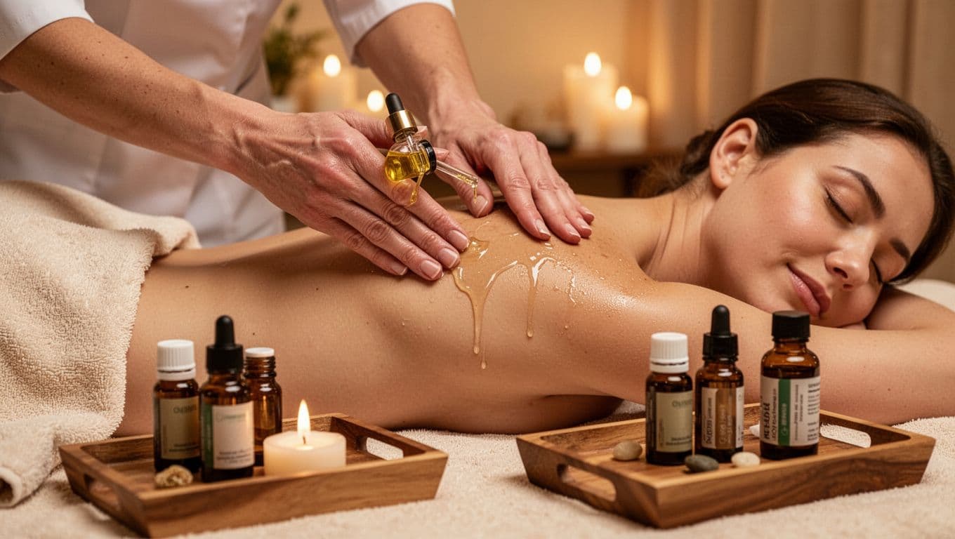 Professional therapist hands applying diluted essential oil to client's shoulders and upper back in a serene spa aromatherapy session with soft lighting.