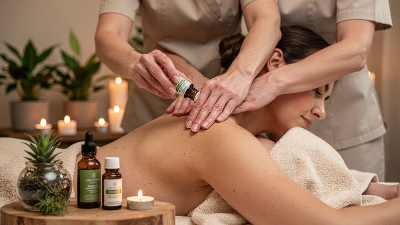Benefits Of Massage 9 A therapist pours drops of essential oil onto their palms and gently massages a client's shoulders and neck in a serene spa setting with candles, plants, and oil bottles nearby under soft warm lighting.