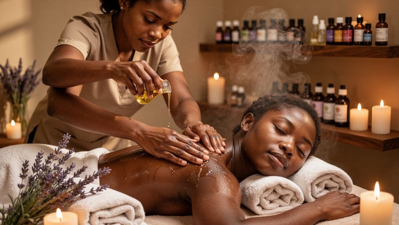 A masseuse gently massages the oiled shoulders of a relaxed, reclined client in an aromatic Nairobi wellness room with lavender steam rising from warm towels, shelves of essential oil bottles, and soft candlelight glow. Bold 'Aromatherapy' headline in Montserrat font spans the top dark-green band.