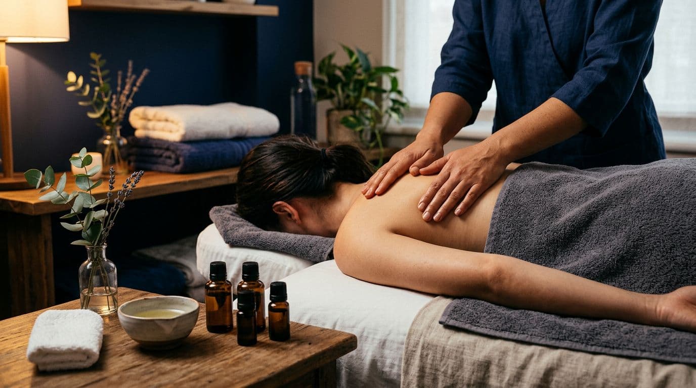 Aromatherapy Massage 2 Therapist hands rest on a client's back beside massage oil and glass bottles.