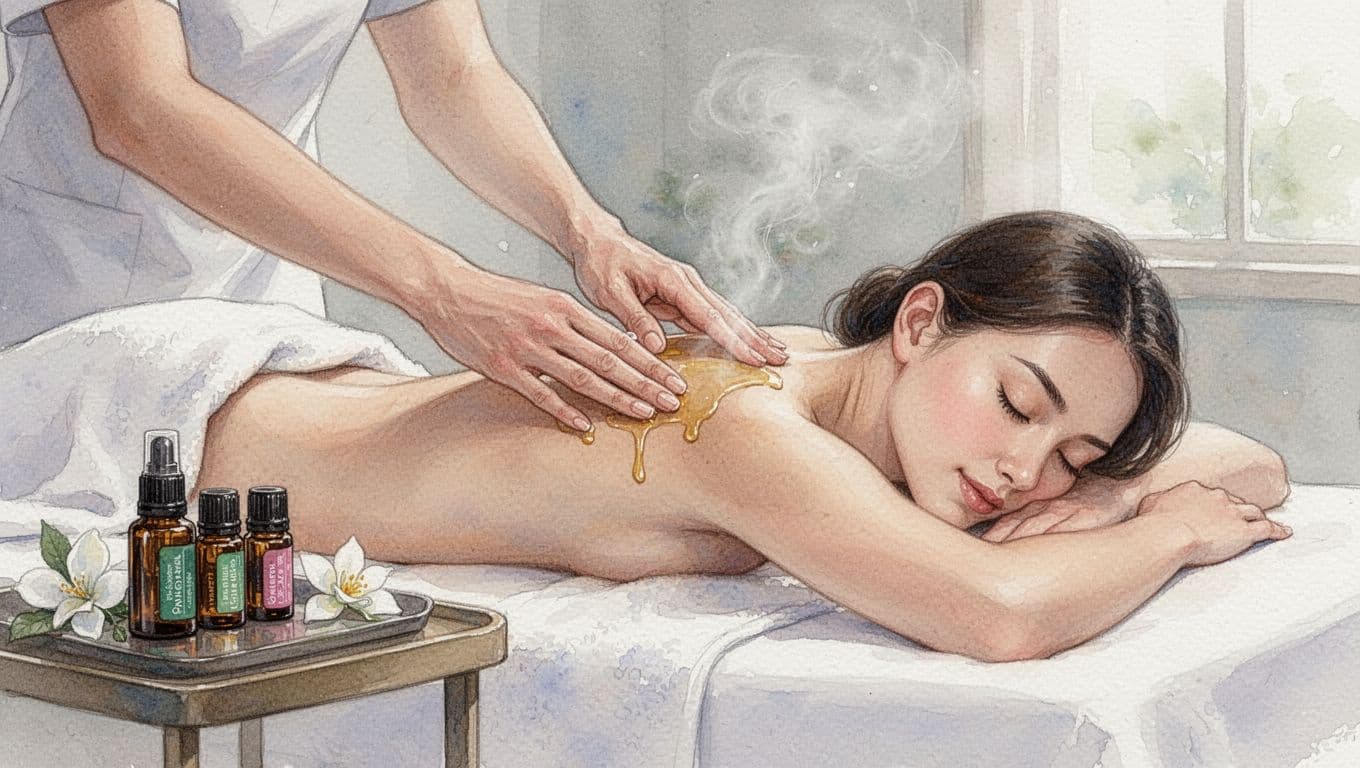 Massage therapist applying aromatherapy oils to client's shoulders and back during gentle massage, with essential oil bottles on a side table in a tranquil spa room, watercolor style.