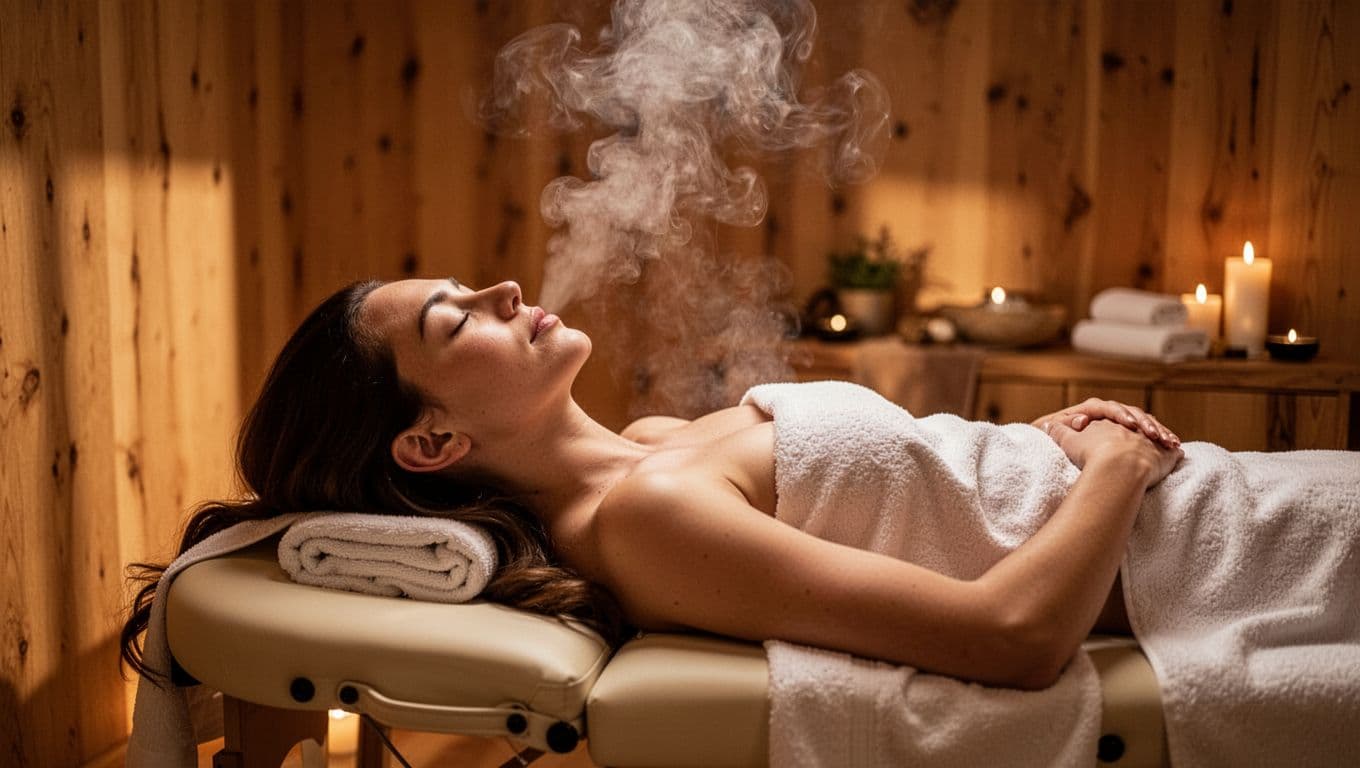 A peaceful individual lies comfortably on a padded table with eyes closed, bathed in soft amber light. Fragrant oils and warm towels enhance the tranquil environment of this serene spa retreat.