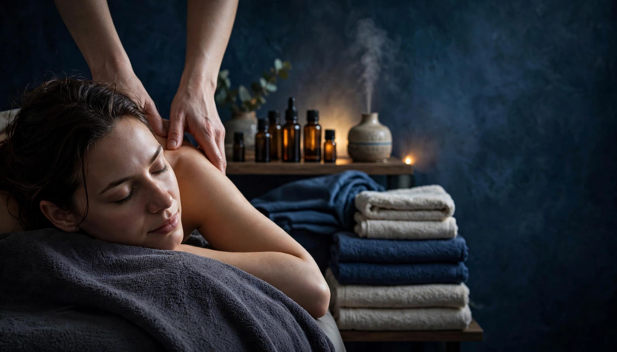 Aromatherapy Massage 6 A client rests on a massage table with a therapist's hands at the shoulders.