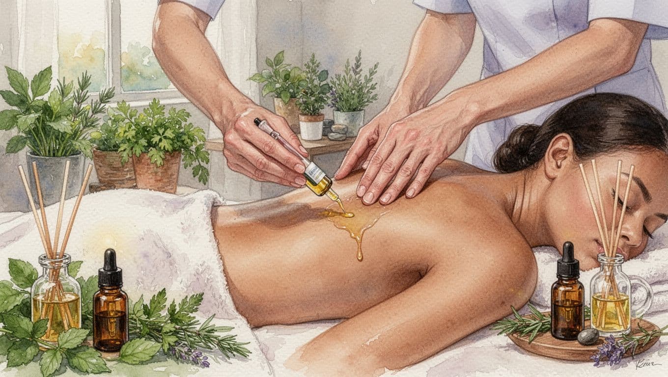 Skilled therapist hands applying diluted essential oil aromatherapy massage to a client's draped shoulders in a calm spa room at Harmony Massage & Spa, surrounded by fresh herbs and oil diffusers in watercolor style.