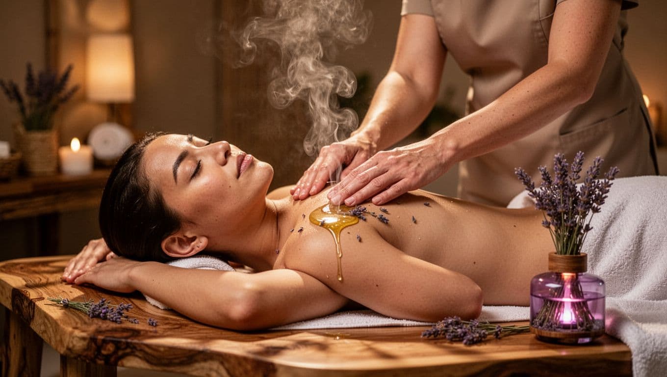 In a serene Kilimani spa, a therapist gently massages a relaxed client's shoulders using lavender-infused oils from a nearby diffuser, surrounded by calming scents and soft evening lighting.