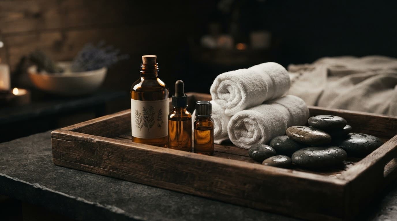 Massage oils, rolled towels, and smooth stones arranged on a wooden spa tray.