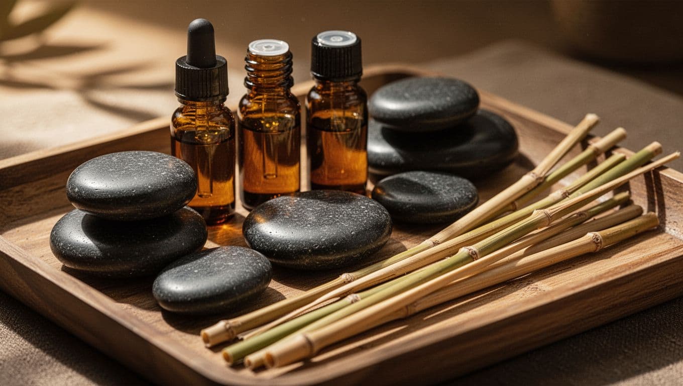 Polished dark stones and small amber glass oil bottles rest alongside slender bamboo sticks on a wooden tray. A soft, warm glow highlights the smooth textures within this tranquil wellness arrangement.