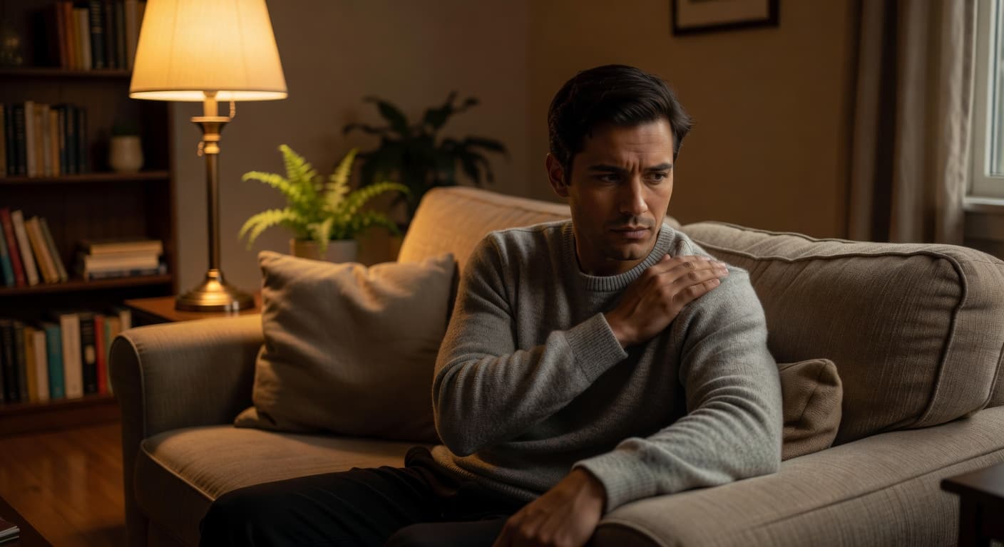 A person sits on a comfortable sofa in a dimly lit room, touching their shoulder while reflecting on physical tension. Warm ambient light highlights their contemplative expression during self-care assessment.