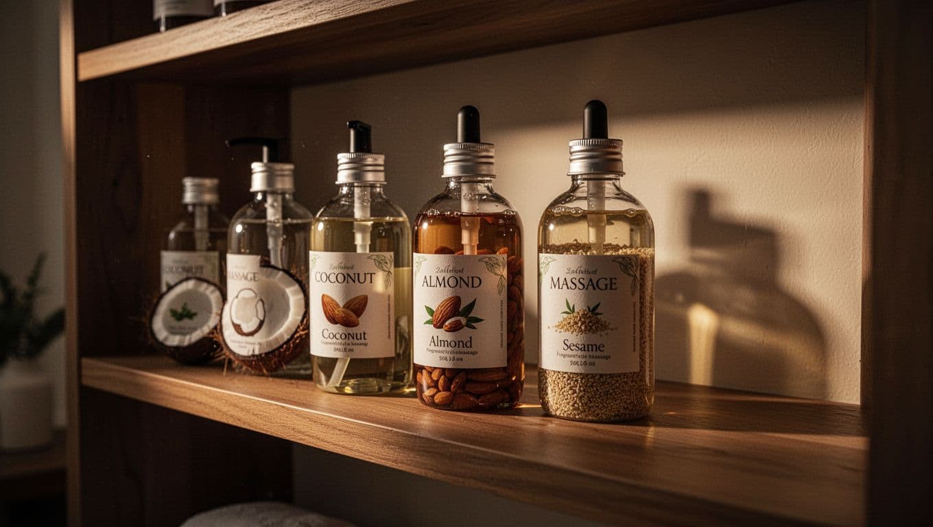Multiple glass bottles filled with therapeutic massage oils like coconut and almond rest on a weathered wooden shelf. The warm, dim spa environment creates deep shadows and elegant high-contrast lighting effects.