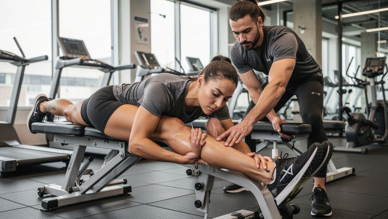 Fit athlete lying face down in modern gym recovery area receives targeted sports massage on calves and lower legs from therapist, side view emphasizing mobility work under bright natural light.