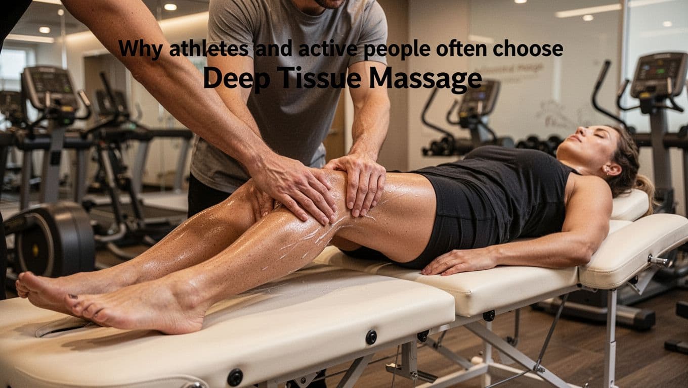Deep Tissue Massage 5 Fit athlete lies on a massage table receiving deep tissue massage on lower legs, calves, and hamstrings by therapist's hands in a post-workout recovery room with warm lighting.