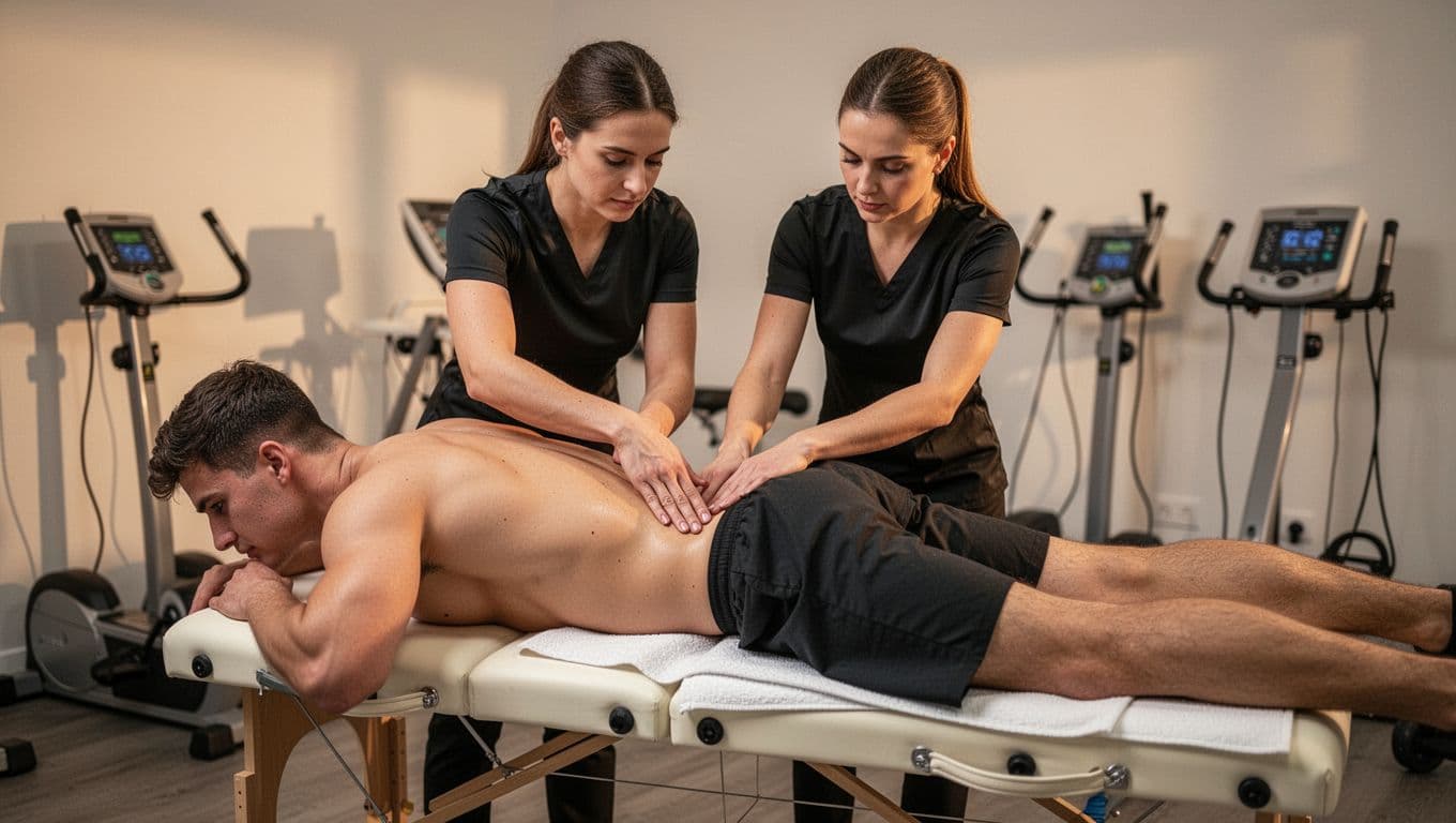 An athletic man in his 20s lies face down on a massage table receiving deep tissue sports massage on his lower back and legs from a female therapist in a professional sports clinic.