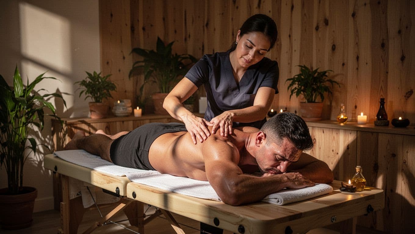 Athletic man lying face down on massage table in serene spa receiving deep tissue sports massage on back and shoulders from female therapist, focused on knot relief and recovery with warm oil glow.