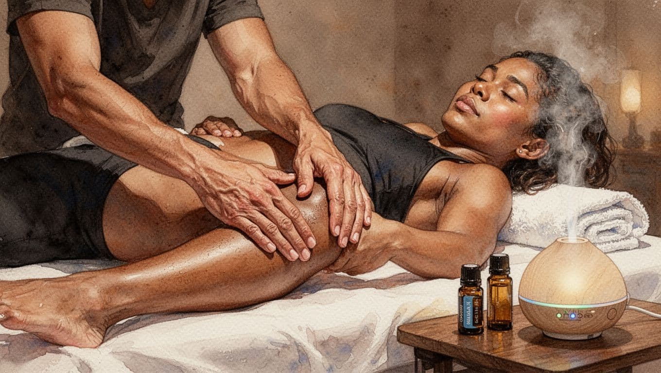 An athlete relaxes on a massage table receiving deep therapeutic strokes on tight hamstrings from a skilled therapist, surrounded by essential oils and a diffuser in a warm Nairobi spa atmosphere. Watercolor style features soft blending, brush textures, earth tones, and dim lighting for a post-workout vibe.