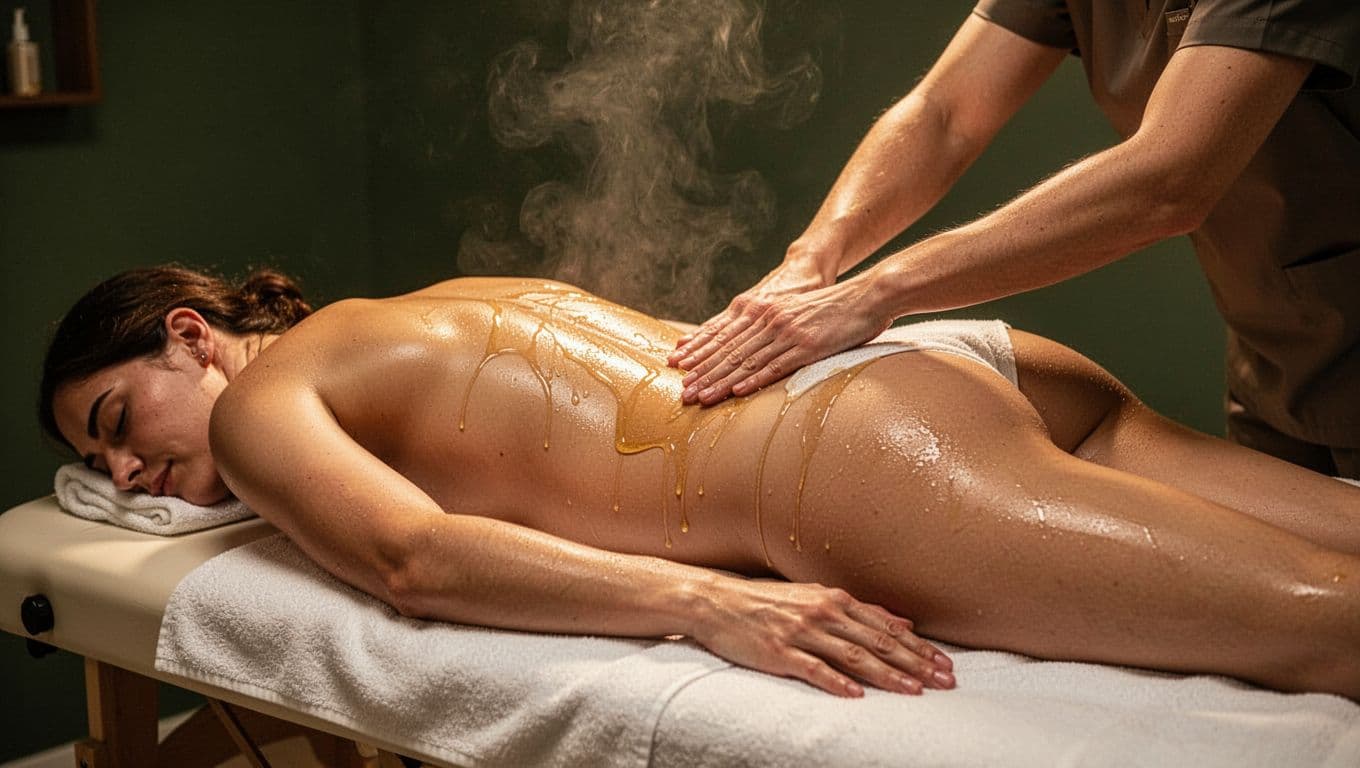 Athlete lying face down on massage table receives hot oil massage on lower back and legs by therapist hands in serene spa with warm golden lighting and steam.