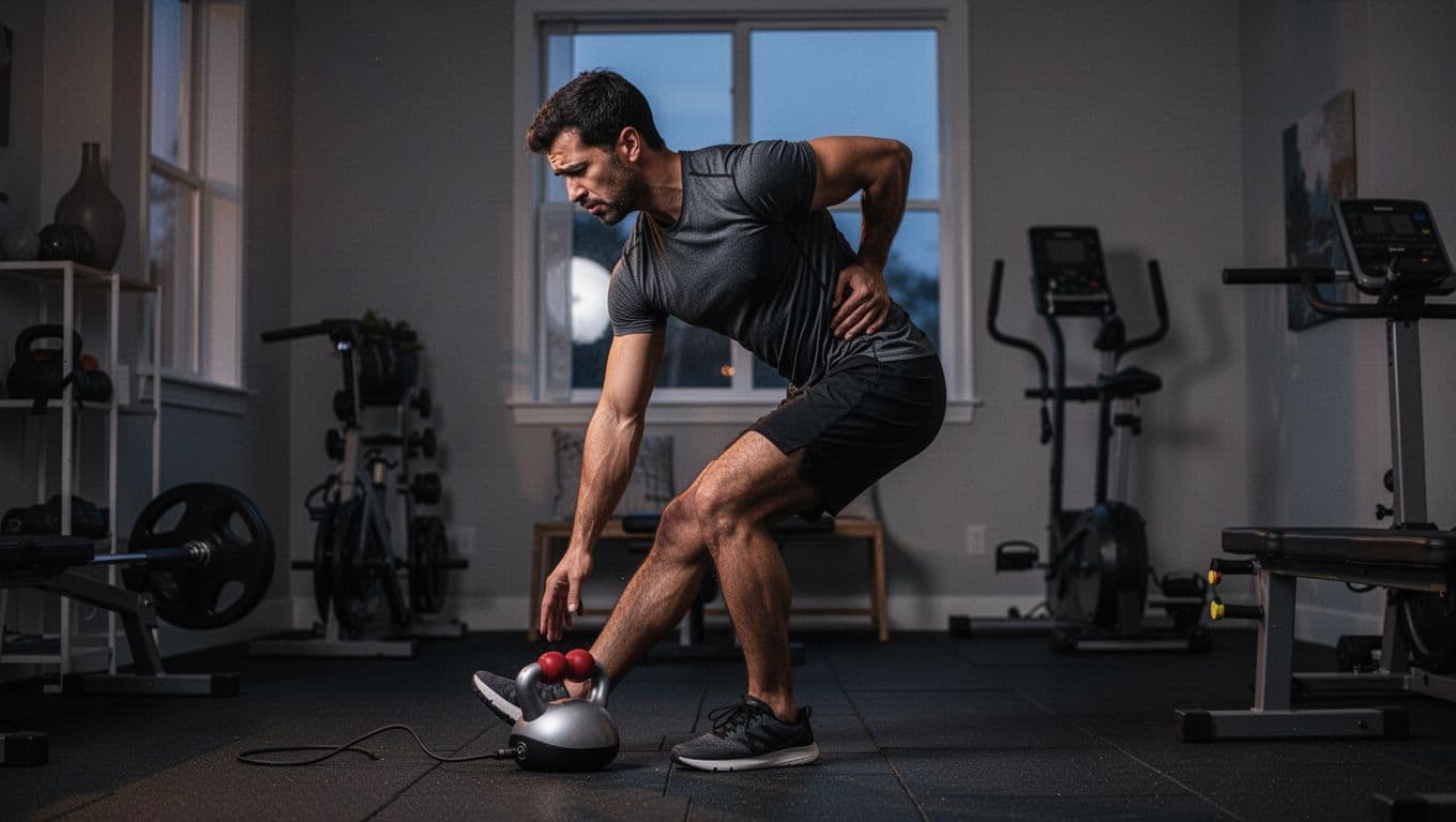 An athlete in a home gym shows a concerned expression while setting down a massage gun and holding his painful lower back, captured in side profile with dim evening light and dramatic cinematic contrast.