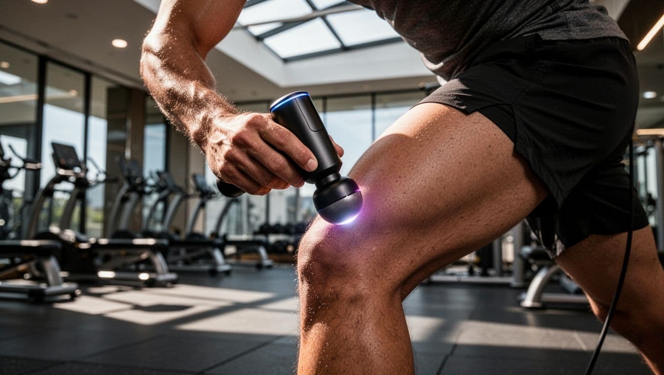 An athlete holds a premium massage gun against their thigh in a modern gym, illustrating deep 16mm amplitude penetration with subtle glowing pulse waves into the muscle, captured in a dynamic side-angle close-up.