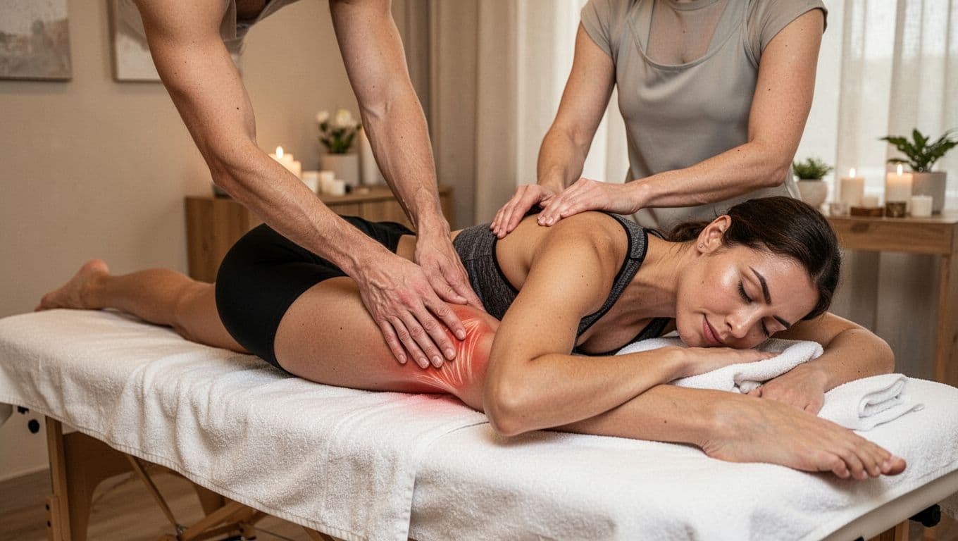 Benefits Of Massage 11 An athletic client lies face down on a massage table receiving a deep leg and calf massage from a therapist in a serene spa room with soft natural lighting, emphasizing post-workout muscle recovery and relief.
