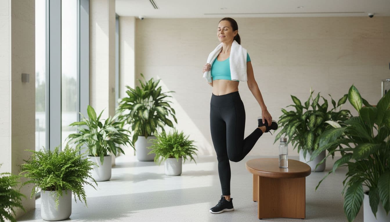 Fit athletic person in mid-30s gym clothes gently stretches calves and hamstrings in modern spa recovery area post-massage or workout, with refreshed expression, towel over shoulders, water bottle nearby, plants and natural light.