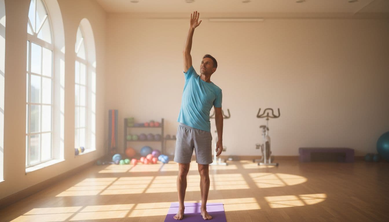 An athletic man in his 40s smoothly reaches one arm overhead with complete range of motion while standing on a yoga mat in a sunny gym studio, highlighting improved flexibility for easier daily movements after deep tissue massage.