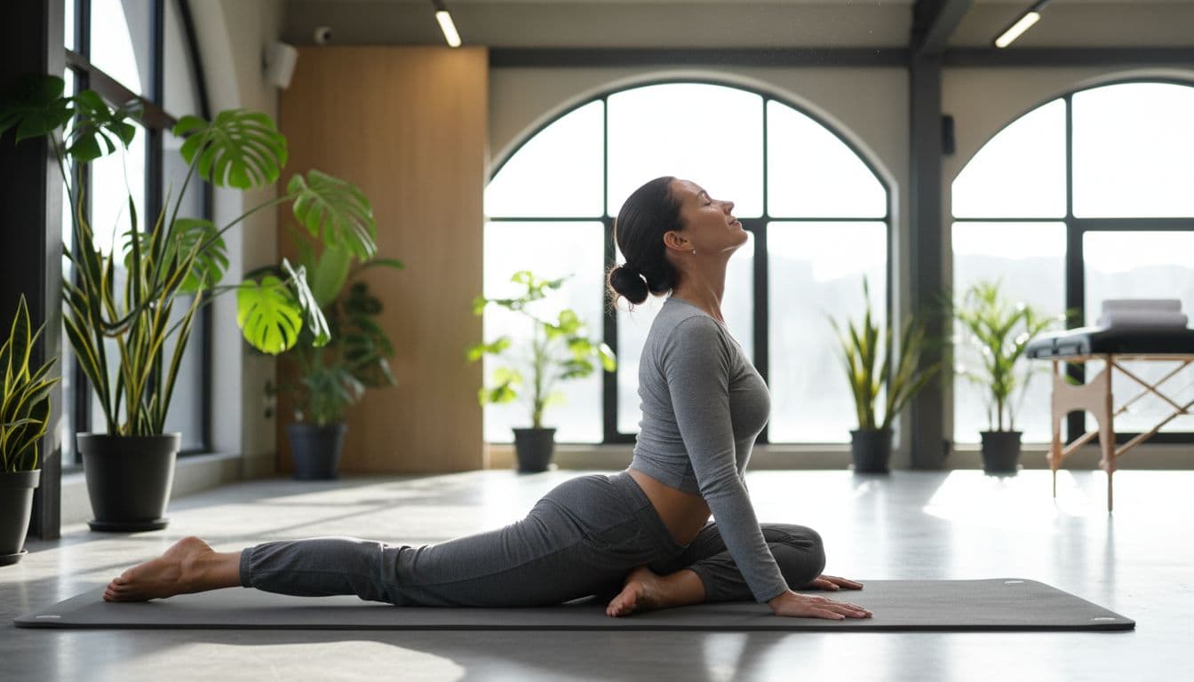 An athletic runner in comfortable recovery stretch on spa mat after massage, showcasing improved flexibility in a modern Nairobi spa gym with natural light and plants.