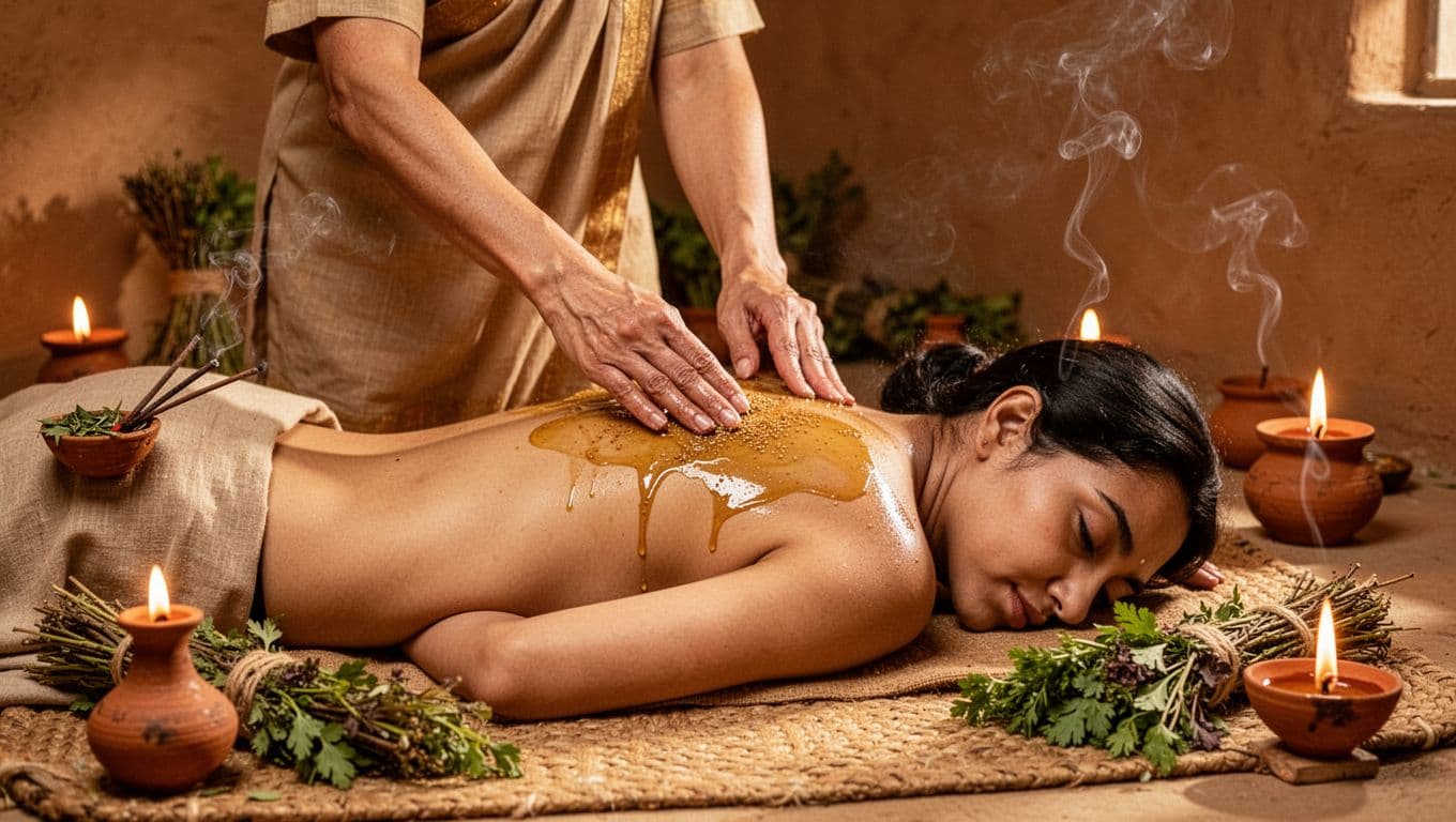 Ancient Indian Ayurvedic therapist applies warm glistening herbal sesame oil to the back of a client lying face down on a traditional mat in a serene earth-toned room.