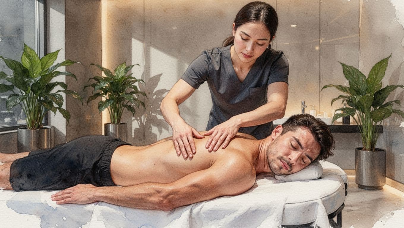 Massage in Nairobi: Types, Prices, and Fortune Spa in Langata 3 Fit gym-goer lies face down on massage table receiving back massage from therapist in modern Nairobi spa with plants and soft lighting, watercolor style.