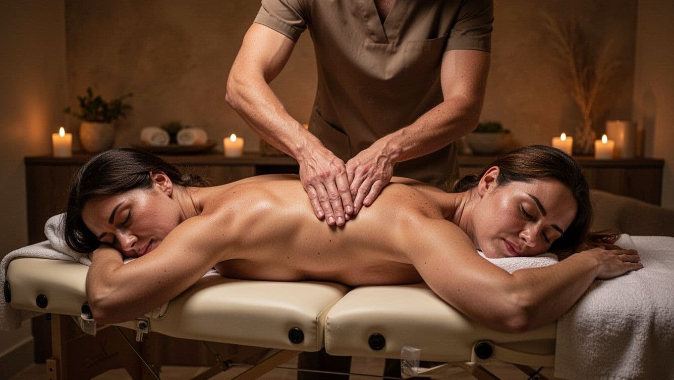 A client receives deep tissue massage on their lower back and shoulders from a therapist on a professional table in a serene spa room with dim warm lighting. Bold headline 'Back Pain Relief' in clean sans-serif font on a muted dark-green band at the top.