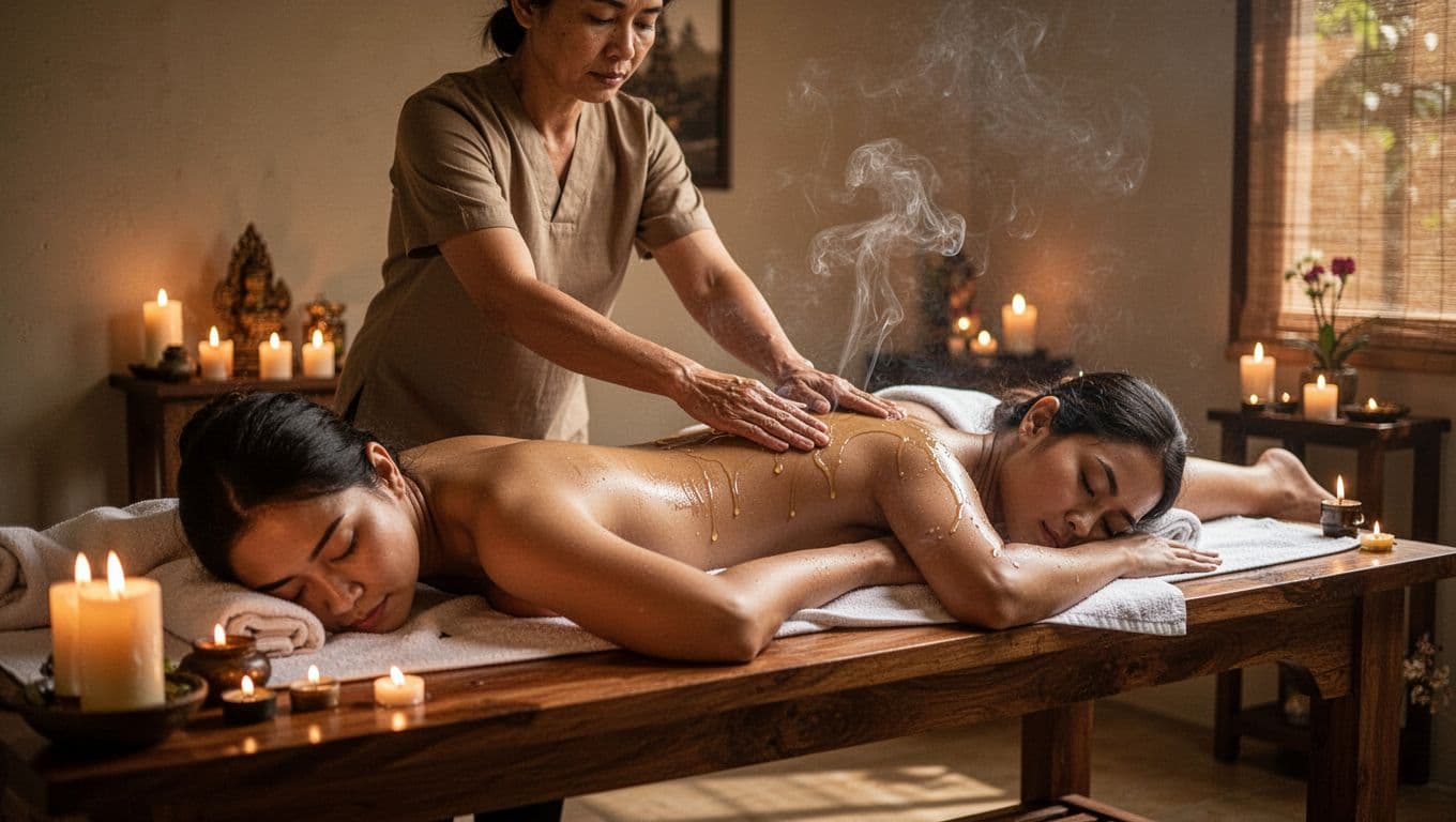 A therapist applies long strokes in a Balinese massage using aromatic oils and scents on a client face down in a tranquil Nairobi spa with candles and incense.