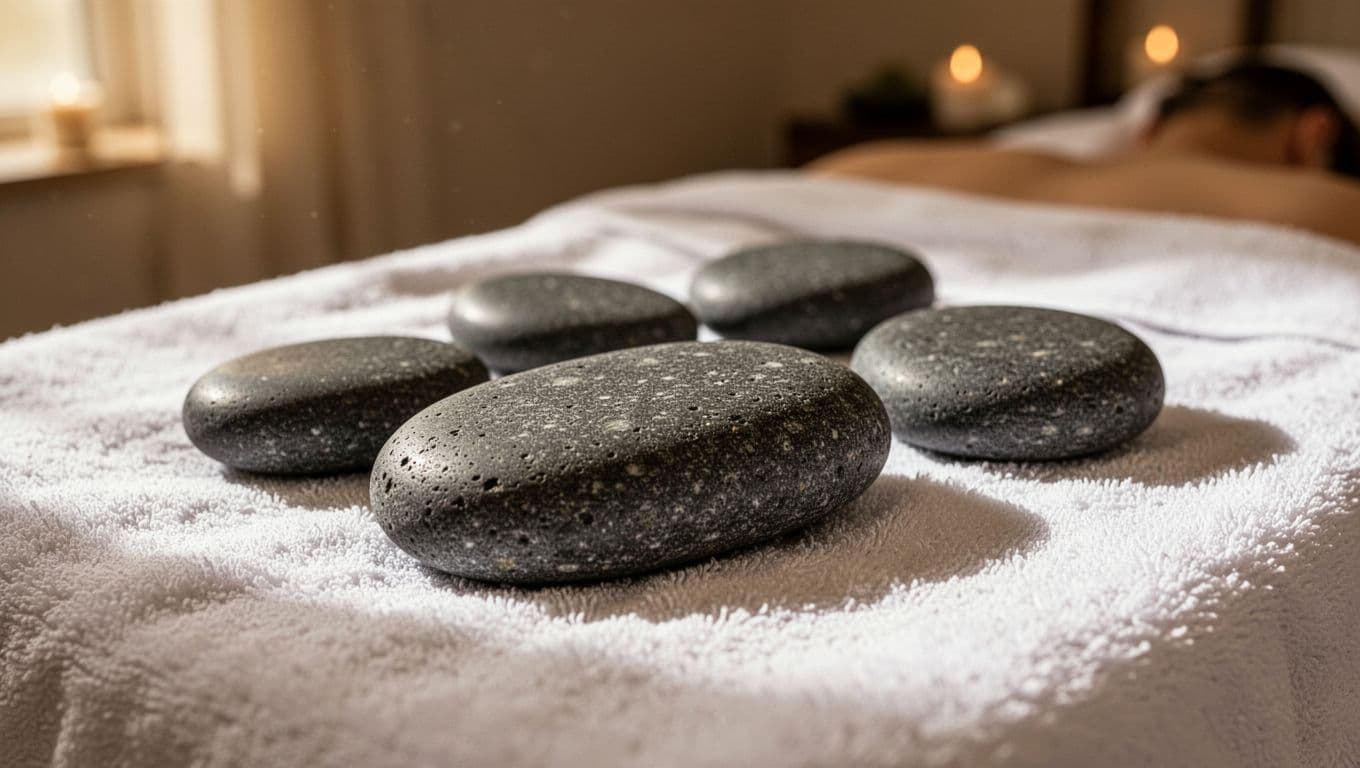 Several smooth, dark grey basalt stones are carefully arranged on a clean white towel. The warm lighting highlights their polished texture, while a blurred spa environment creates a relaxing therapeutic atmosphere.