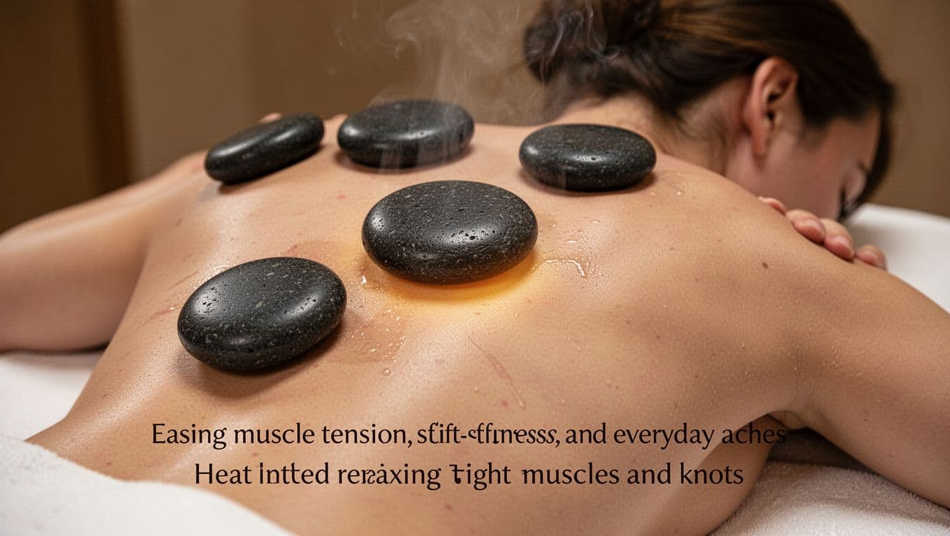 Close-up of smooth black basalt hot stones placed on the tense upper back and shoulders of a person lying face down on a massage table, with subtle steam glow indicating warmth softening tight muscles in realistic spa photography style.