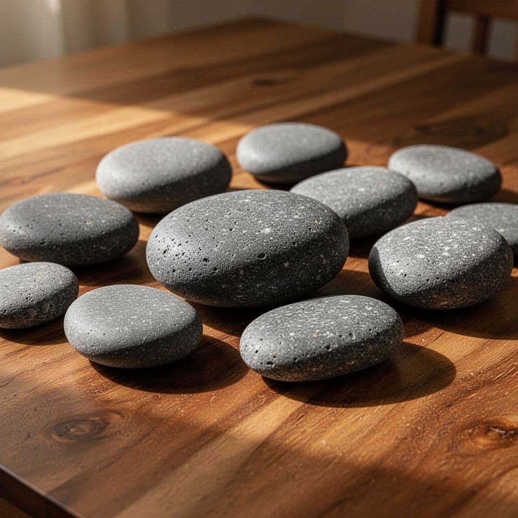 Several dark gray basalt stones are arranged neatly on a polished wooden surface. Warm light creates deep shadows and highlights the natural, smooth texture of each river rock's polished surface.