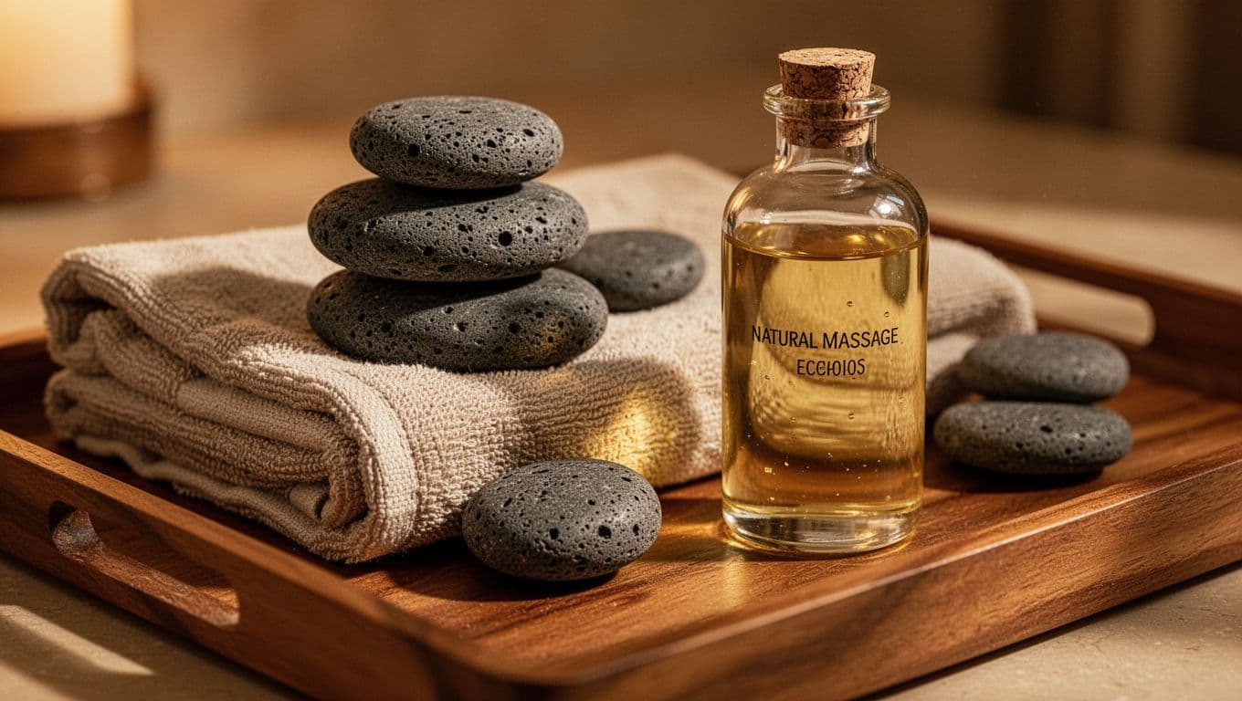 Warm basalt stones and massage oil sit on folded towels atop a wooden tray.