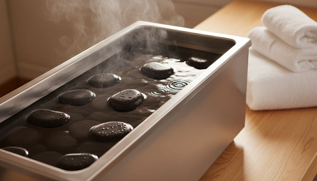 Close-up of smooth round black basalt stones heating in a professional electric stone heater filled with water, gentle steam rising, on a spa counter with towels nearby.
