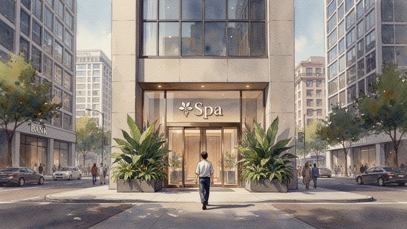 Welcoming exterior of Classic Comfort Massage & Spa on Biashara Street in Nairobi CBD, opposite a bank near tall office buildings and hotels, with afternoon sunlight, plants at entrance, and one person approaching the door. Watercolor style featuring soft blending, visible brush texture, and warm earthy tones.