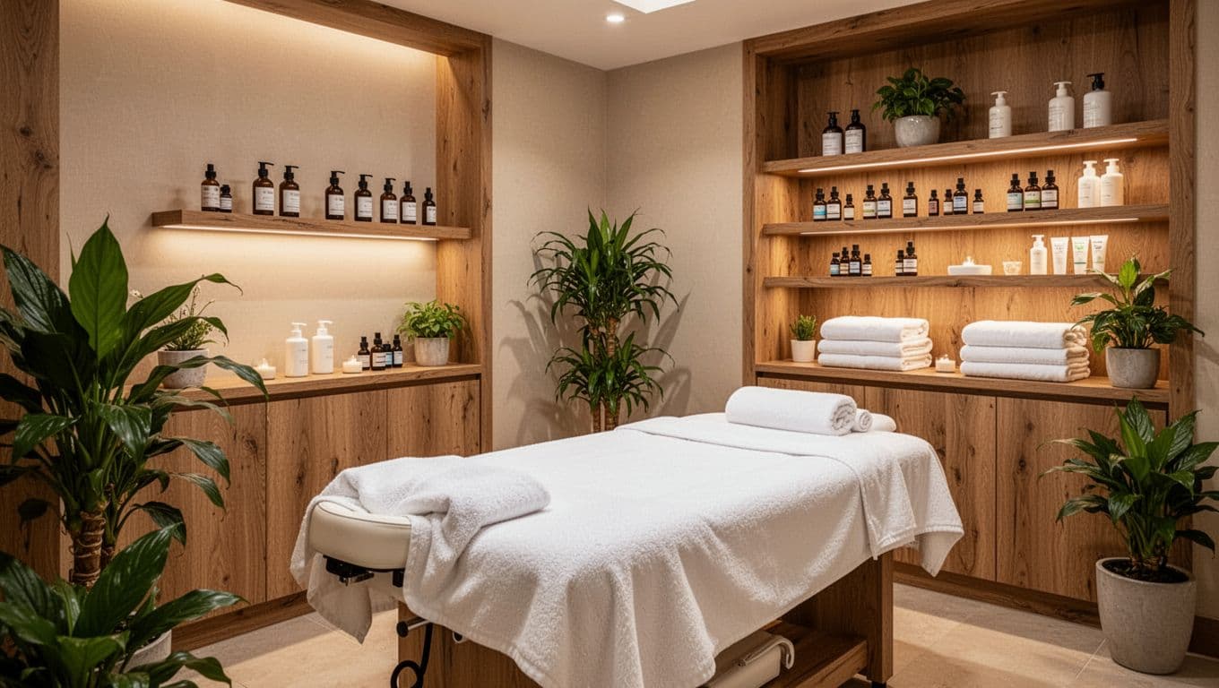 Welcoming interior of Black Berry SPA in Kilimani, Nairobi, showcasing a cozy empty massage room with padded table draped in fresh white linens, shelves of essential oils and towels, green plants, wooden accents, and soft warm ambient lighting for a professional serene atmosphere.