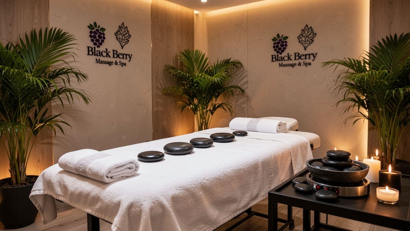 Modern serene spa interior at Black Berry Massage & Spa in Nairobi, featuring a prepared massage table for hot stone session with basalt stones warming nearby, soft lighting, tropical plants, and neat towels.